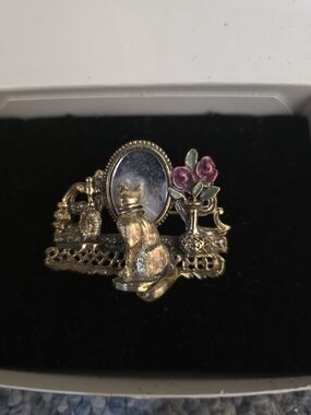 Vintage Gold Cat Mirror Brooch with Pink Rose Accent